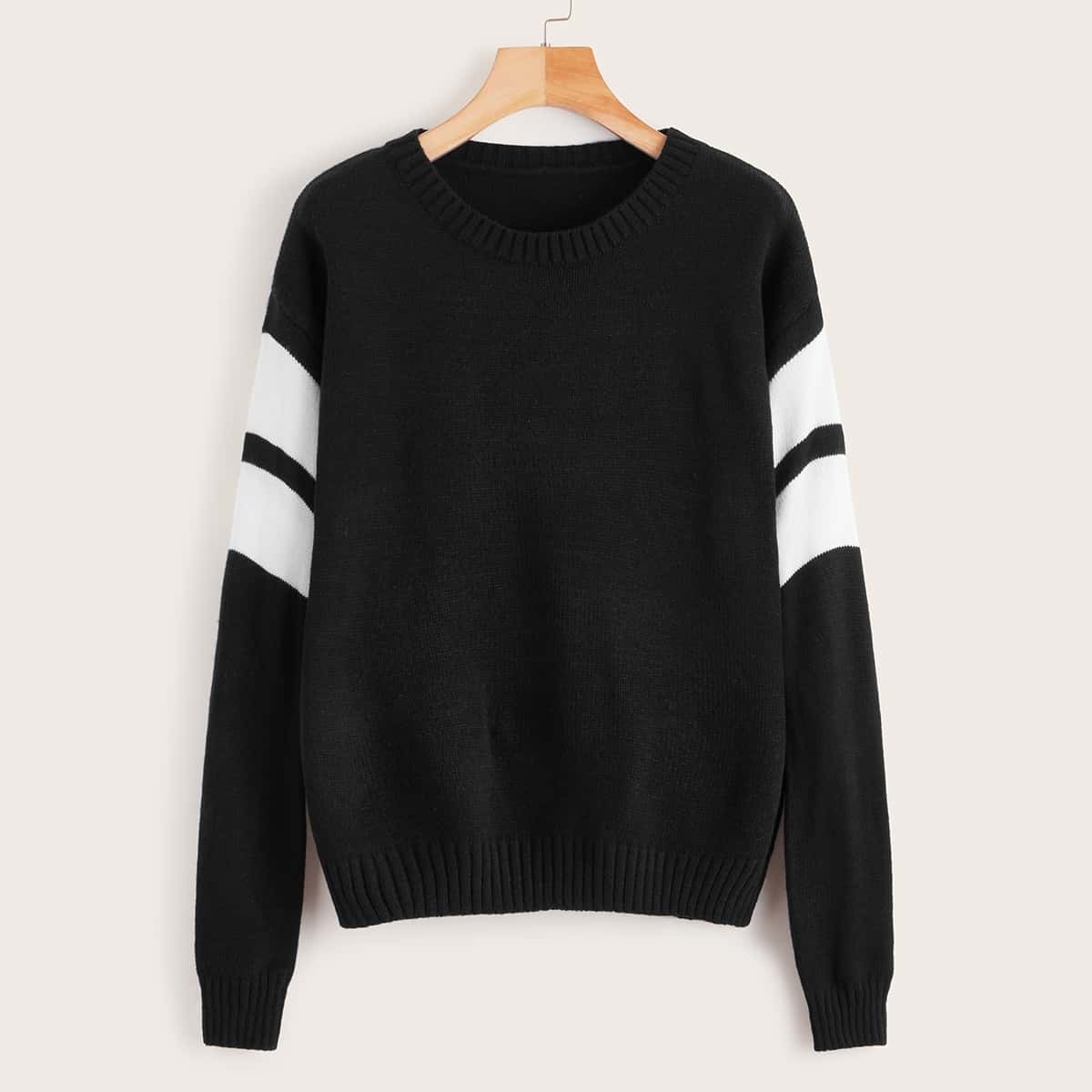 

Contrast Panel Cuff Drop Shoulder Jumper, Black and white