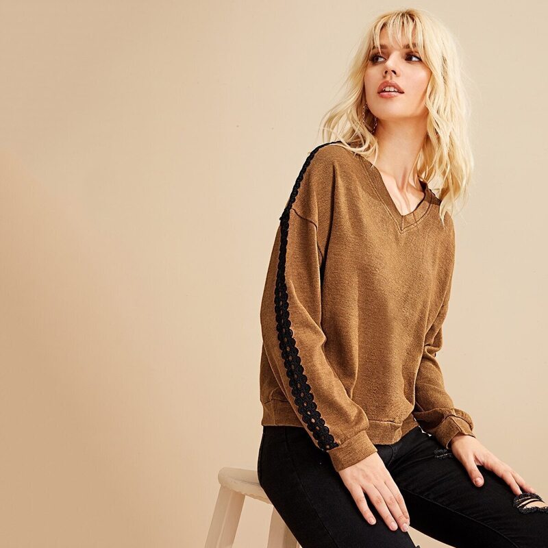 

V-neck Crochet Panel Drop Shoulder Jumper, Brown