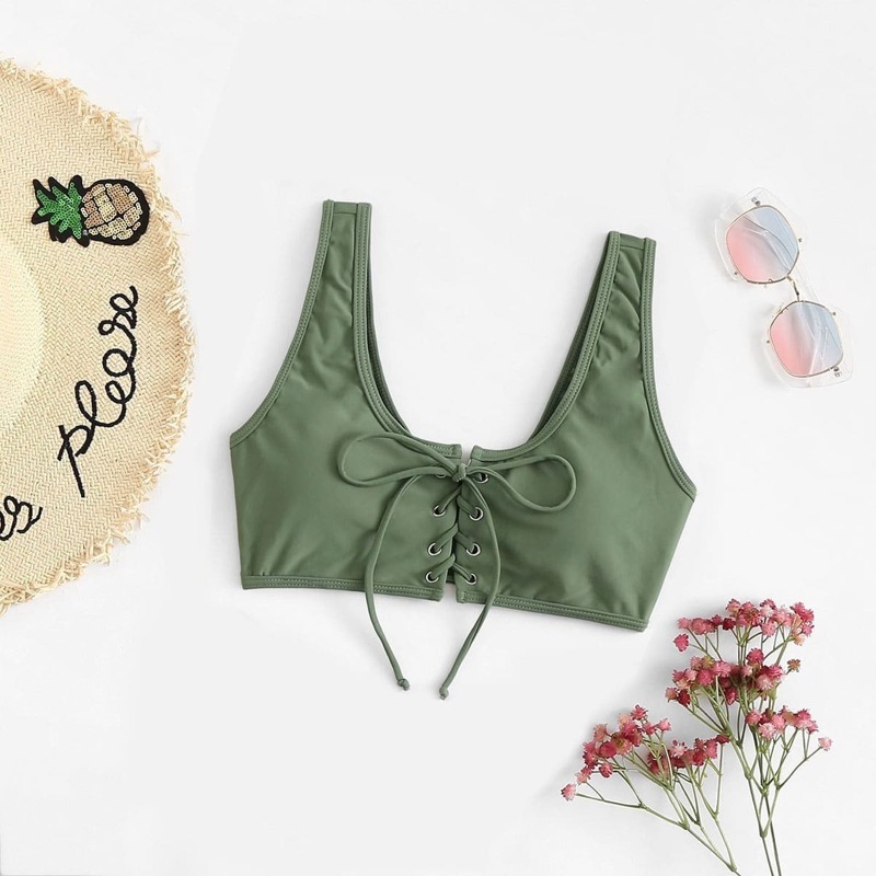 

Lace Up Front Bikini Top, Army green