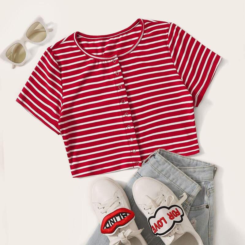 

Striped Popper Detail Round Neck Top, Red