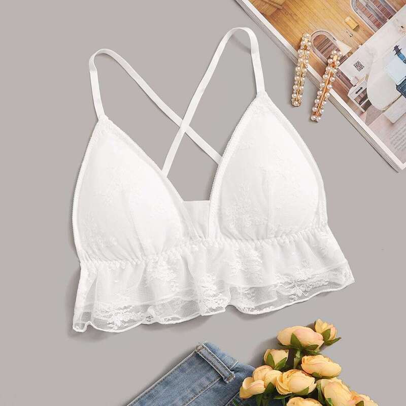 

Floral Lace Crisscross Back Bralette, White