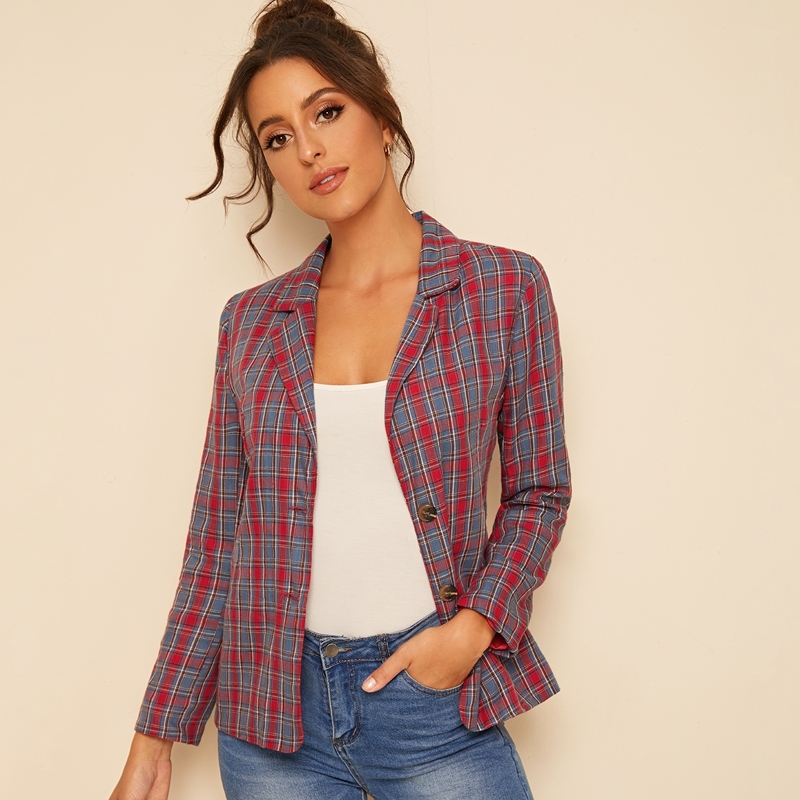 

Plaid Print Single Breasted Blazer, Multicolor