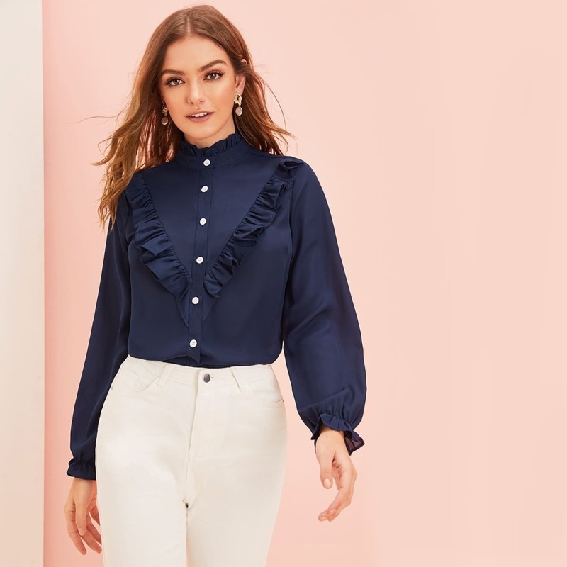 

Frill Trim Foldover Back Shirt, Navy