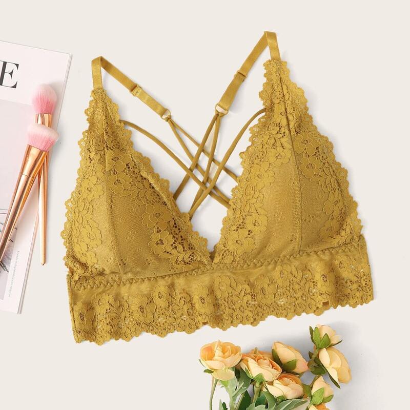

Crisscross Front Floral Lace Bralette, Yellow