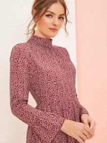 SHEIN Ditsy Floral Print Flare Sleeve Layered Hem Dress - Burgundy - View 5