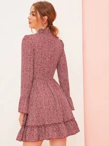 SHEIN Ditsy Floral Print Flare Sleeve Layered Hem Dress - Burgundy - View 2