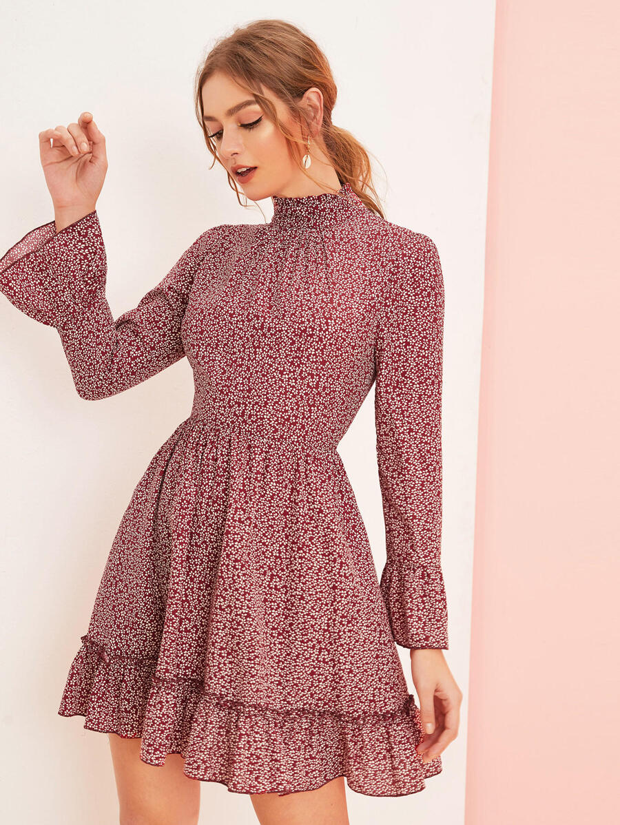 SHEIN Ditsy Floral Print Flare Sleeve Layered Hem Dress - Burgundy - View 1