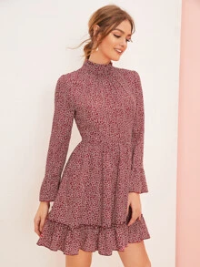 SHEIN Ditsy Floral Print Flare Sleeve Layered Hem Dress - Burgundy - View 4