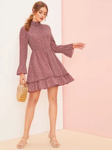 SHEIN Ditsy Floral Print Flare Sleeve Layered Hem Dress - Burgundy - View 3