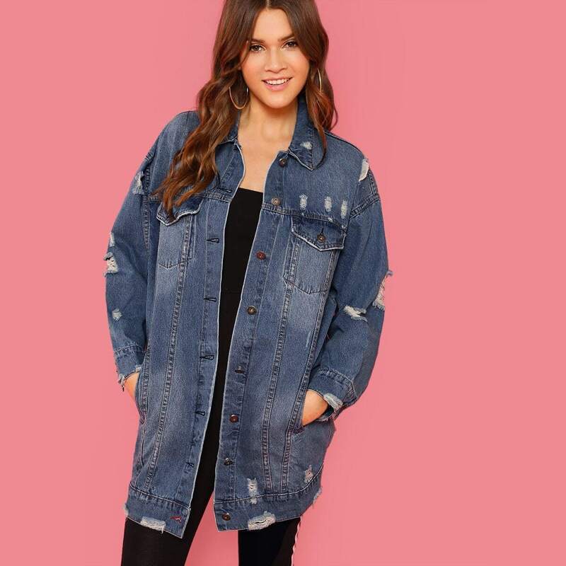 

Button Front Ripped Detail Longline Denim Jacket, Navy