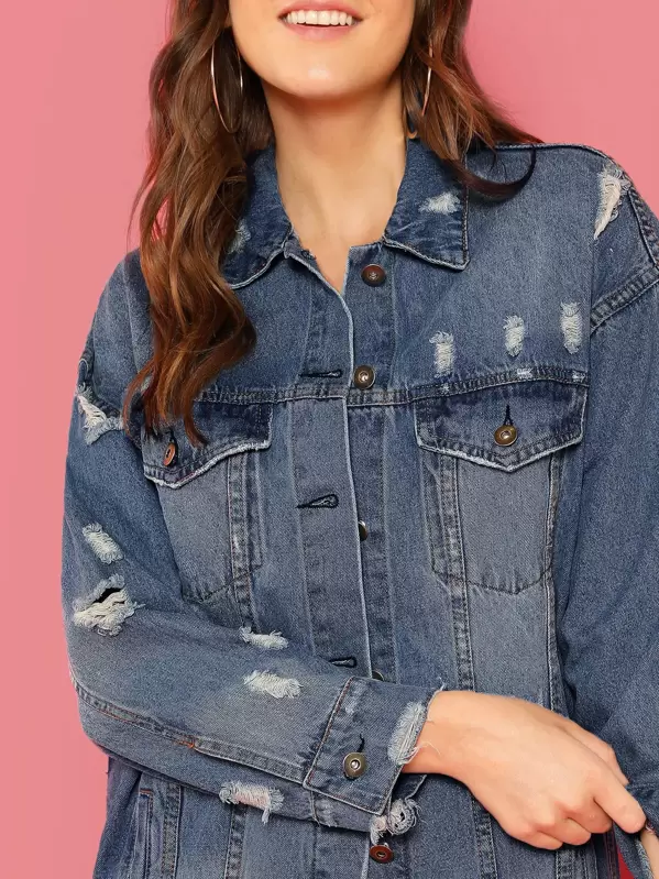 jean boutons Veste avec déchirée en qpSUzMV
