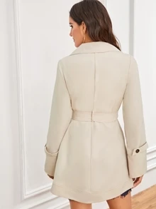 SHEIN Solid Double Button Belted Trench Coat - Beige - View 2