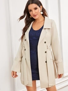 SHEIN Solid Double Button Belted Trench Coat - Beige - View 4