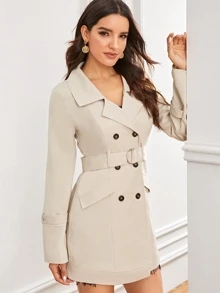 SHEIN Solid Double Button Belted Trench Coat - Beige - View 1