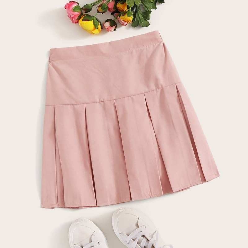 

Solid Box Pleated Skirt, Pink pastel