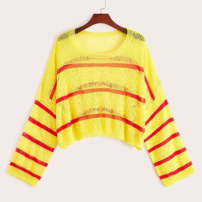 

Drop Shoulder Striped Eyelet Knit Top, Yellow bright