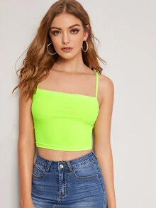 SHEIN Neon Green Lace Up Rib-knit Rib Cami Top - Lime Green - View 2