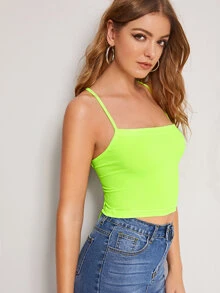 SHEIN Neon Green Lace Up Rib-knit Rib Cami Top - Lime Green - View 5