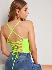 SHEIN Neon Green Lace Up Rib-knit Rib Cami Top - Lime Green - View 1
