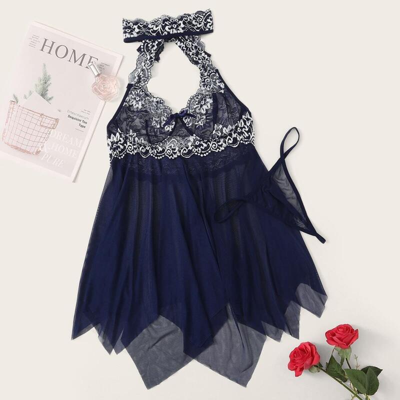 

High Neck Floral Lace Asymmetrical Hem Sheer Dress With Thong, Navy