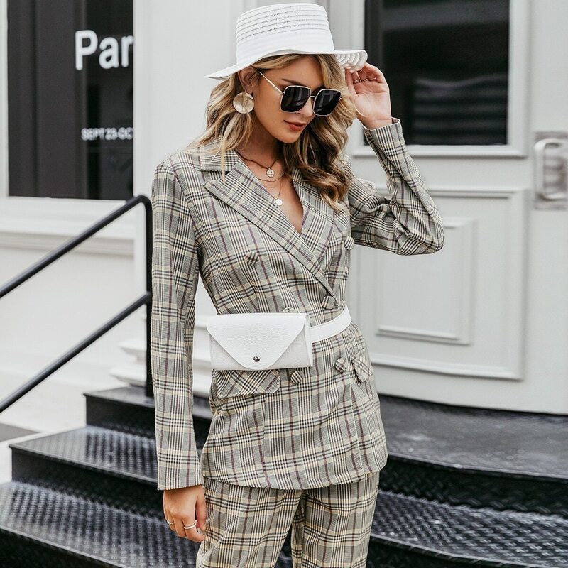 

Simplee Plaid Print Double Breasted Blazer, Multicolor