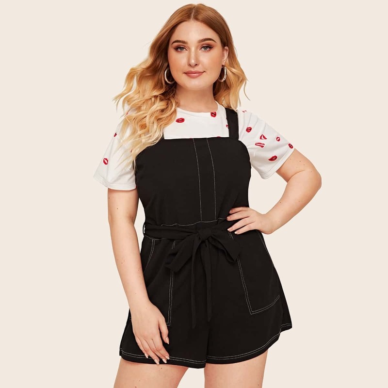 

Plus Contrast Stitch Belted Pinafore Romper, Black