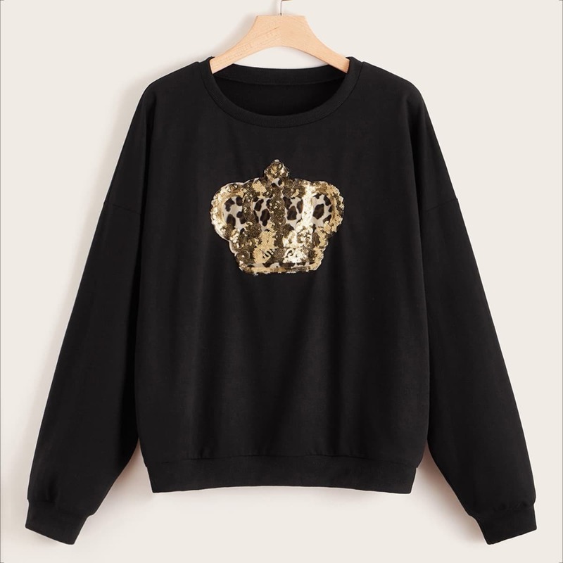 

Plus Leopard Contrast Sequin Pullover, Black