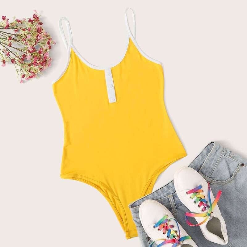 

Button Front Contrast Binding Cami Bodysuit, Yellow