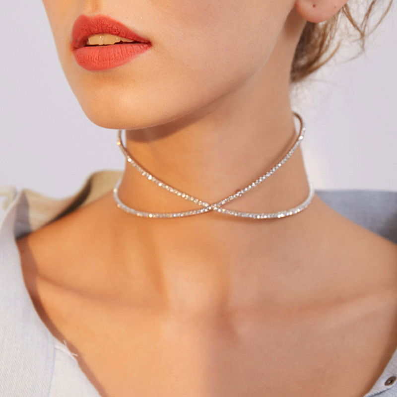 

Rhinestone Decor Criss Cross Choker 1pc, Silver