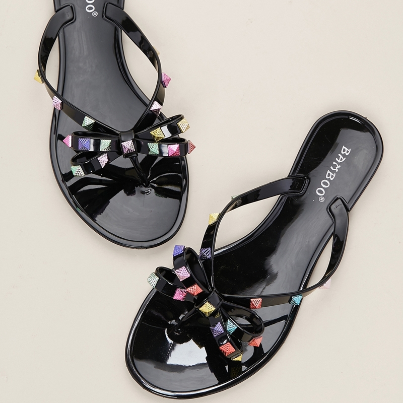 

Multi Colored Studded Bow Flip Flop Sandals, Black