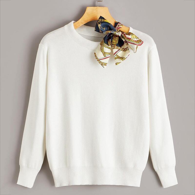 

Bow Tie Neck Slit Cuff Jumper, White