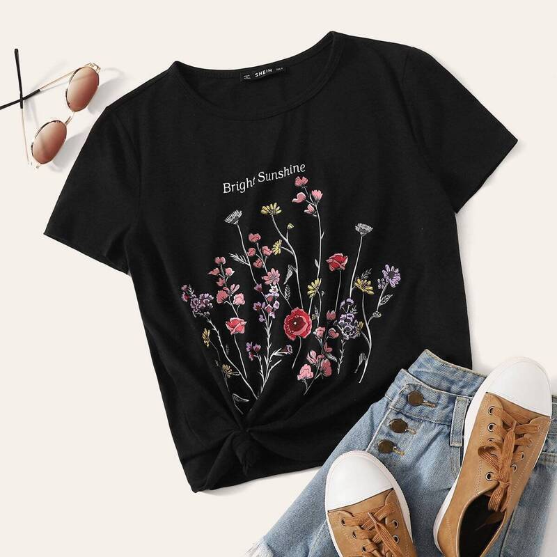 

Flower Print Short Sleeve Tee, Black