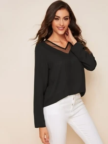 SHEIN Clasi Solid Mesh Insert Top - Black - View 5