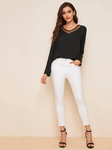 SHEIN Clasi Solid Mesh Insert Top - Black - View 3