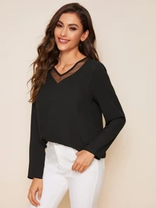 SHEIN Clasi Solid Mesh Insert Top - Black - View 4
