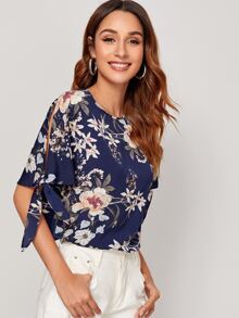 SHEIN 花卉圖案結飾開衩袖上衣 - 藏蓝色 - 查看 5