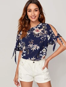 SHEIN 花卉圖案結飾開衩袖上衣 - 藏蓝色 - 查看 1