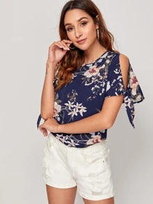 SHEIN 花卉圖案結飾開衩袖上衣 - 藏蓝色 - 查看 4