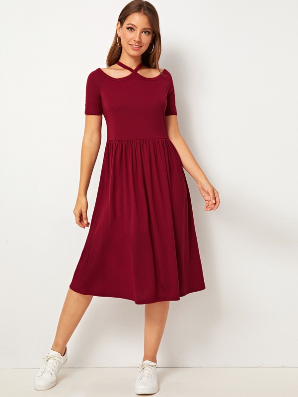SHEIN Cutout Halterneck Fit & Flare Jersey Dress SHEIN USA