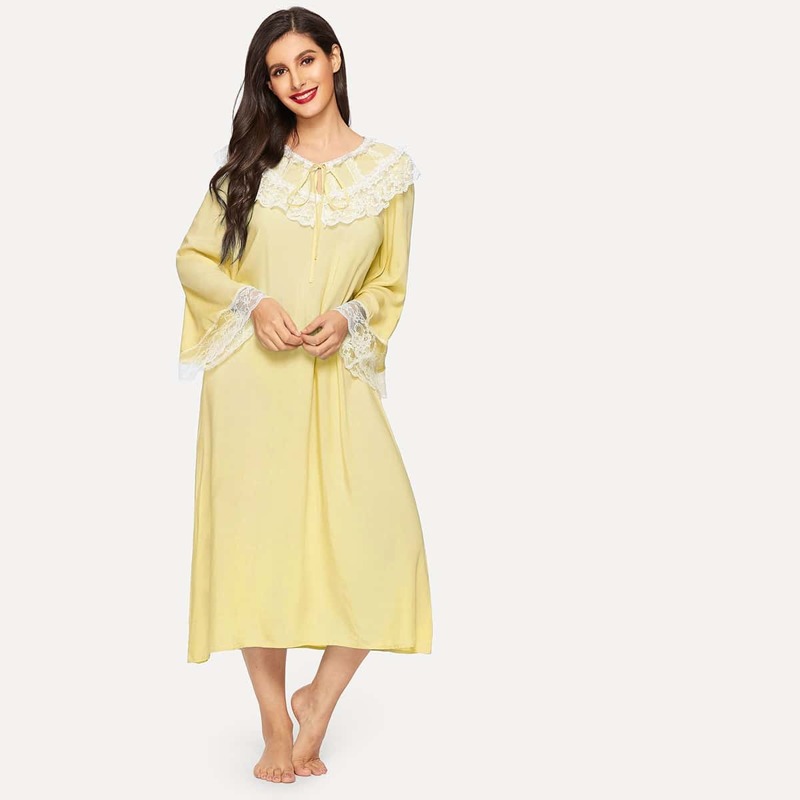 

Tie Neck Embroidered Mesh Detail Bell Sleeve Nightdress, Yellow pastel