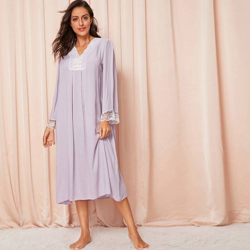 

Lace Trim Foldover Detail Nightdress, Purple pastel