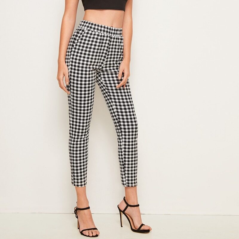 

Elastic Waist Gingham Print Pants, Black and white