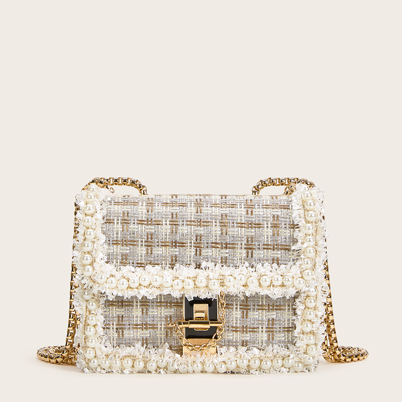 

Faux Pearl Decor Tweed Chain Bag, Multicolor