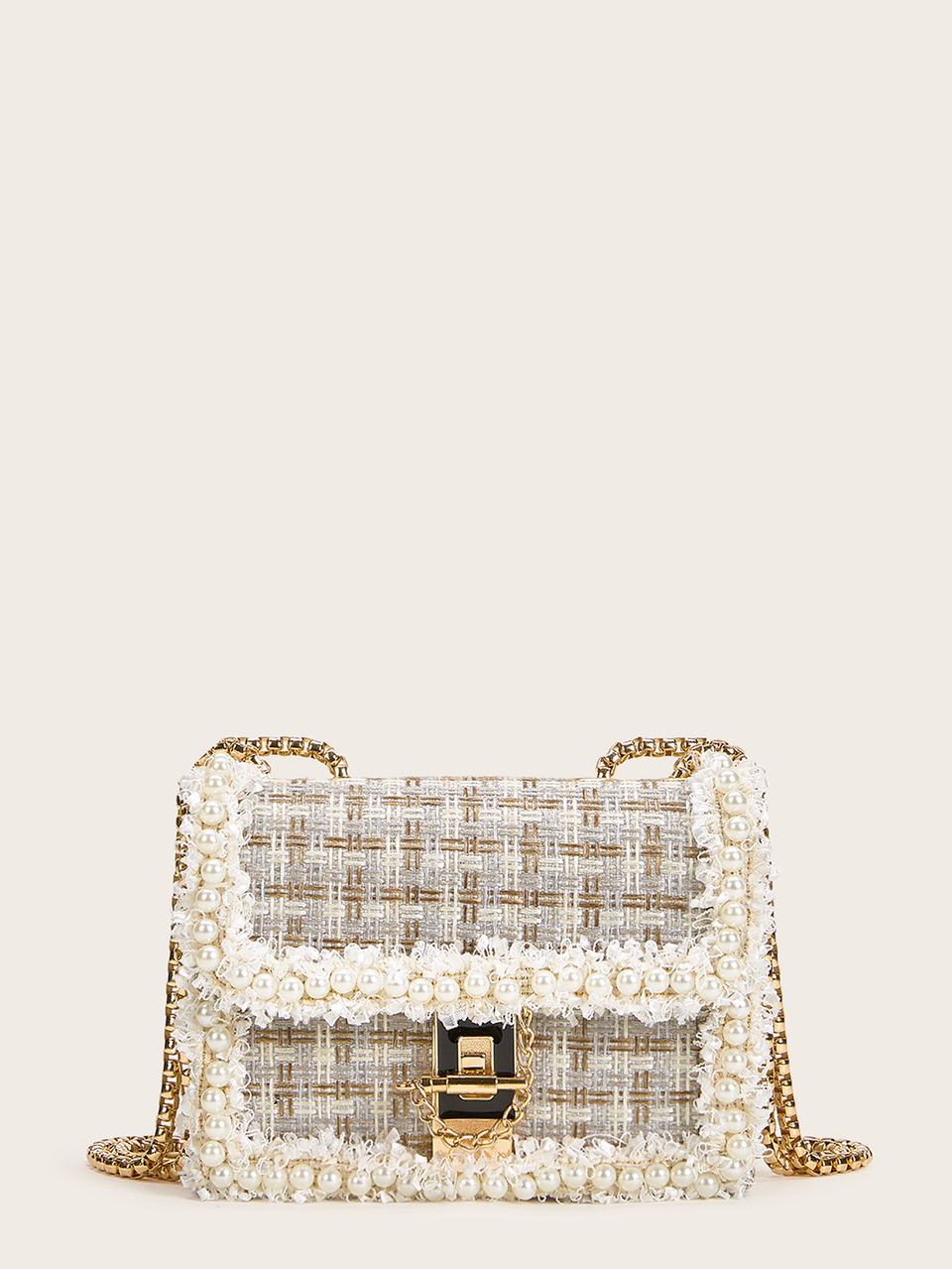Fluffy, Fuzzy, Soft, Plush Mini Faux Pearl Decor Tweed Chain Bag For Girls, Women, College Students, Rookies & White-Collar Workers For Work, Office, Commute, For Autumn & Winter, Warm Winter, New Arrival Fur Bag For Women