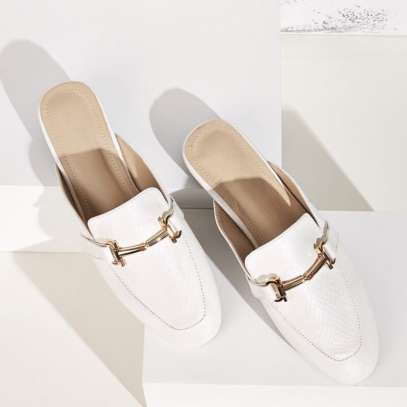 

Metal Decor Flat Mules, White