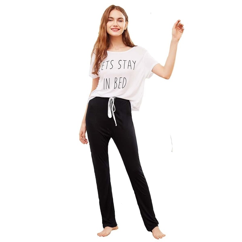 

Slogan Print Tee & Drawstring Shorts PJ Set, Black and white
