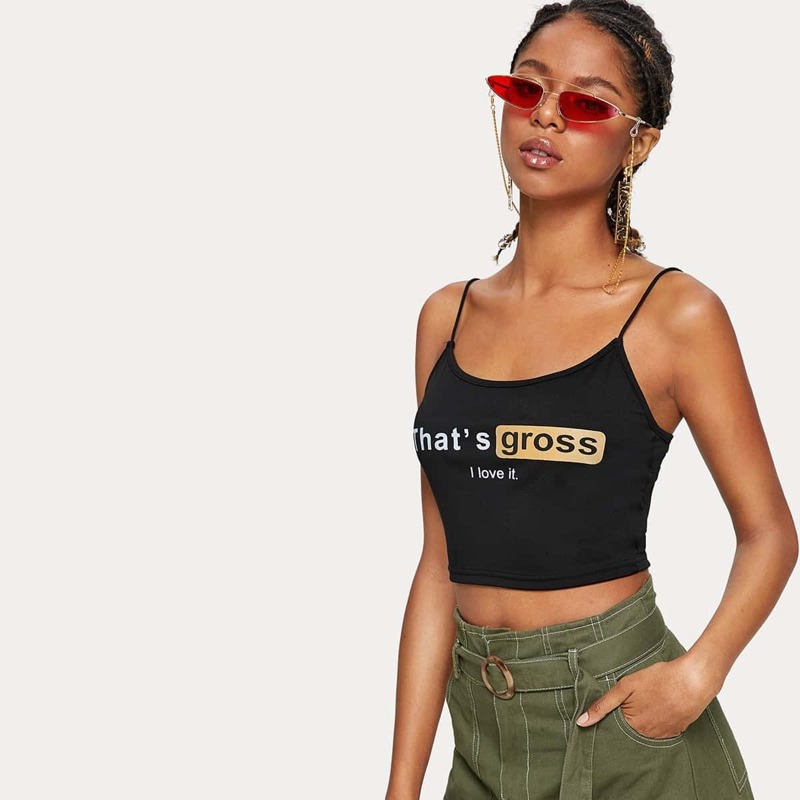 

Letter Print Crop Cami Top, Black