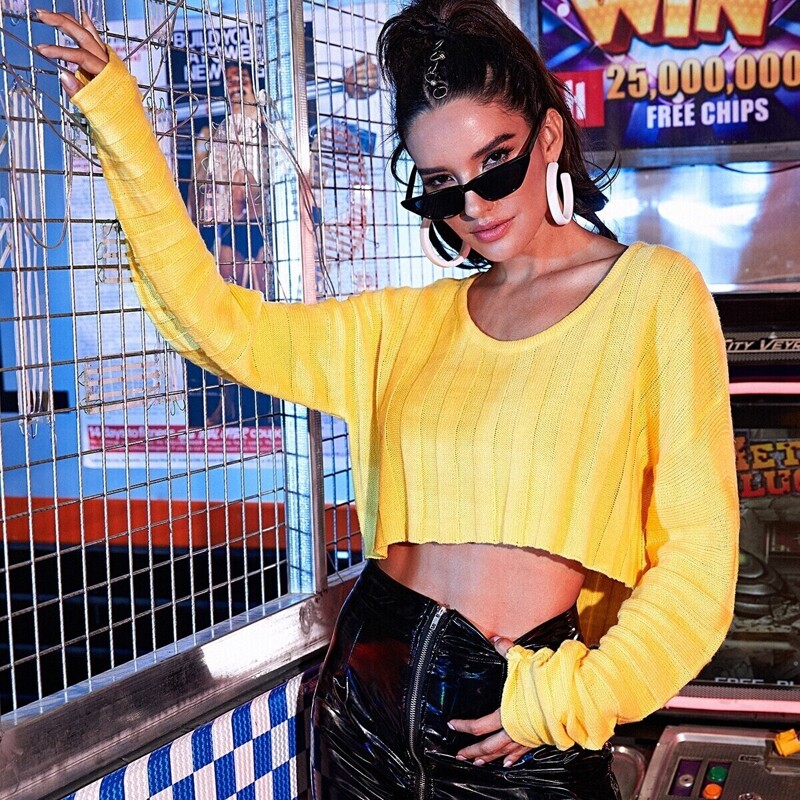 

Solid High Low Hem Crop Knit Top, Yellow