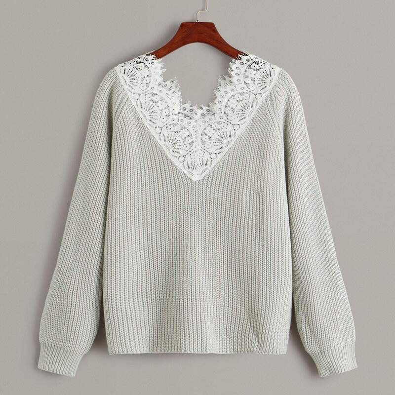 

Contrast Lace Raglan Sleeve Sweater, Grey