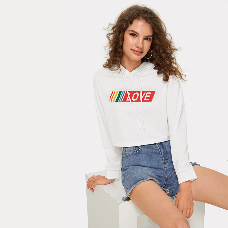 

Letter Print Drop Shoulder Drawstring Hoodie, White